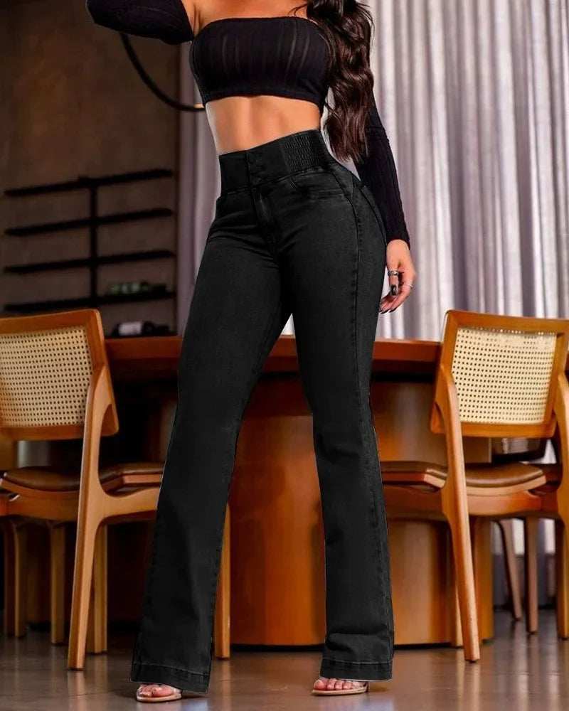 Hot Look Elasticated High-Rise Jean’s/Stretch Fit/Slim Flared Pants/Hip Lift Jeans/Black Patchwork/Medium Stretch Women's Trousers Streetwear.