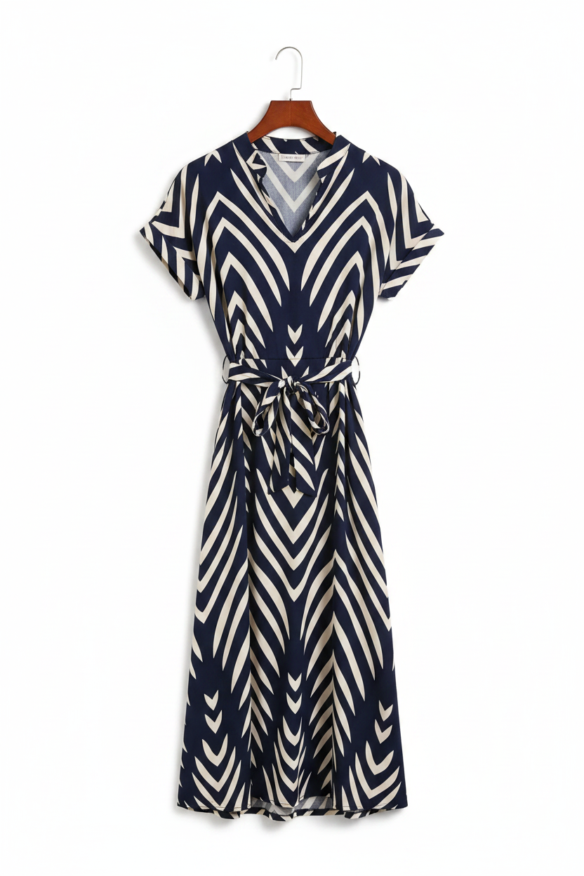 Modern Blend Boutique | Elegant Chevron Belted Midi Dress – Timeless Summer V-Neck Dress