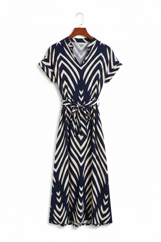 Modern Blend Boutique | Elegant Chevron Belted Midi Dress – Timeless Summer V-Neck Dress
