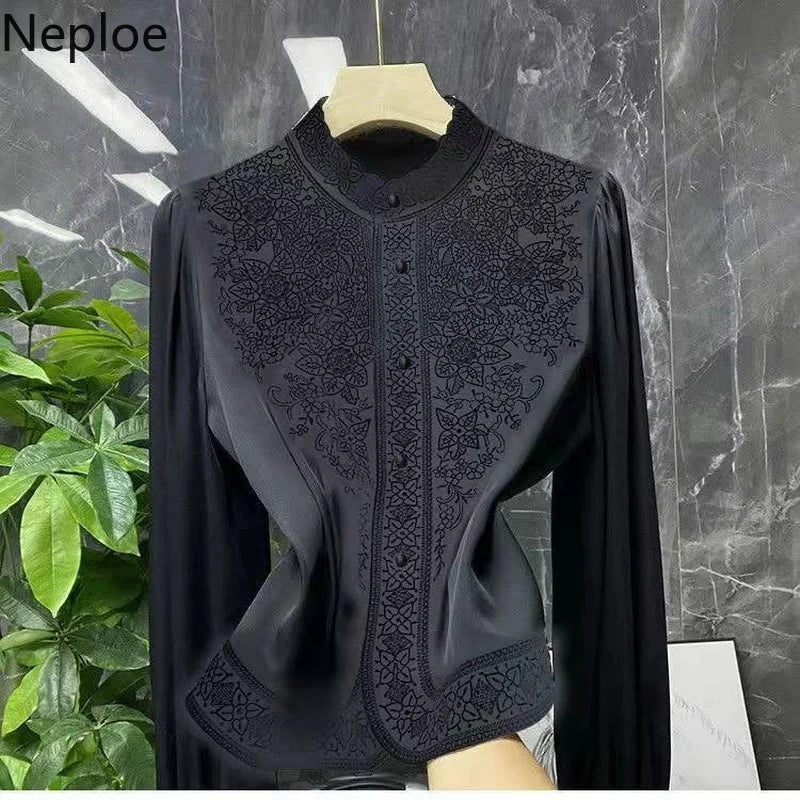 Modern designed vintage blouse/Stand Collar Embroidery Blouse Embraced in Fashion/Long Sleeve fitted, made with polyester material.