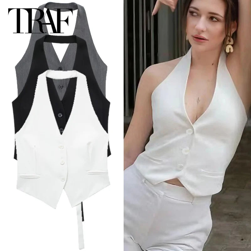 Off Shoulders Women's Halter Vest/Black/White/Grey Vest/Outerwears/Single Breasted/Off Shoulder Sleeveless Vests/turned down collar.