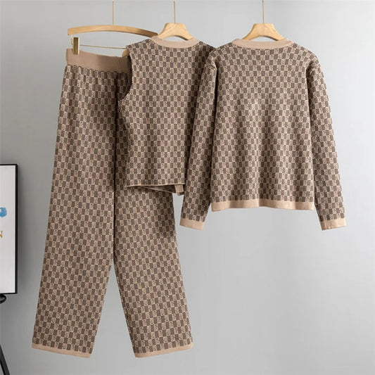 Women’s Elegant Knit Cardigan, Sleeveless Vest & Wide-Leg Trousers Set | Classic Geometric Pattern | Sophisticated Office & Casual Wear