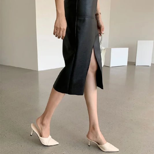 Modern Blend Boutique Women’s High-Waisted Faux Leather Midi Pencil Skirt – Elegant Front Slit, Slim Fit PU Leather Skirt, Timeless Chic Office & Evening Wear
