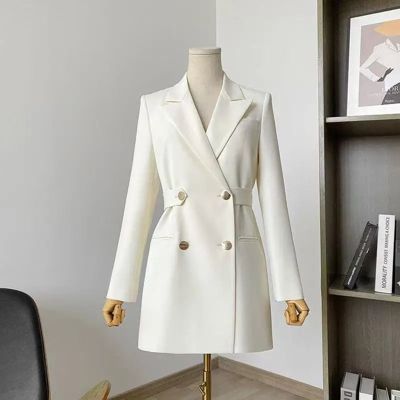 Luxury White Double-Breasted Blazer Dress for Women – Elegant Longline Tailored Blazer
