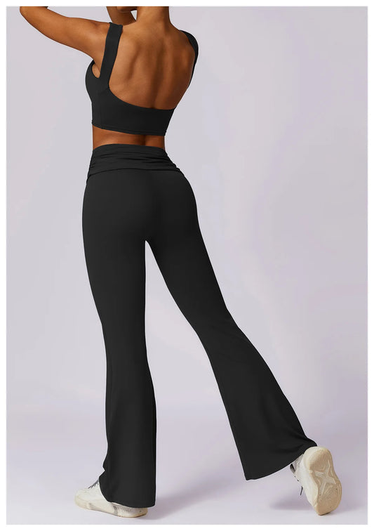 High-Waisted Flared Active Pants with Sculpting Fit – Neutral Beige