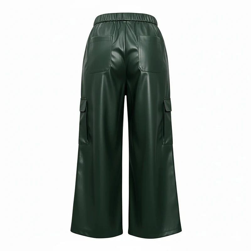 Luxury Forest Green PU Leather Wide-Leg Cargo Pants – High-Waist Cropped Vegan Leather Trousers for Women