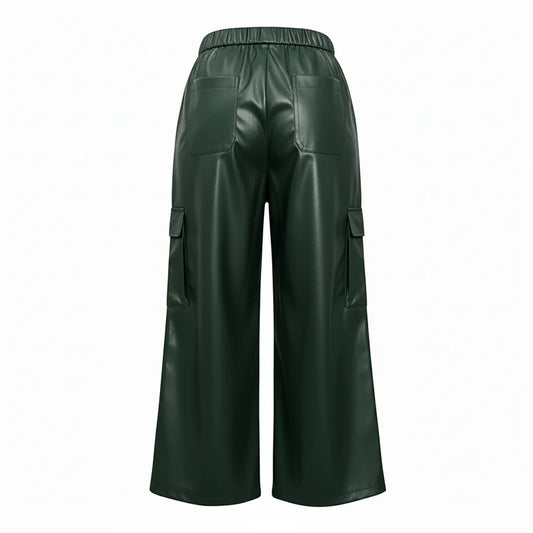 Luxury Forest Green PU Leather Wide-Leg Cargo Pants – High-Waist Cropped Vegan Leather Trousers for Women