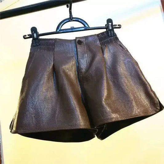 Women’s Boutique Style High-Waist Leather Shorts – Loose Fit Wide-Leg Faux Leather Pants/Versatile Fall Fashion