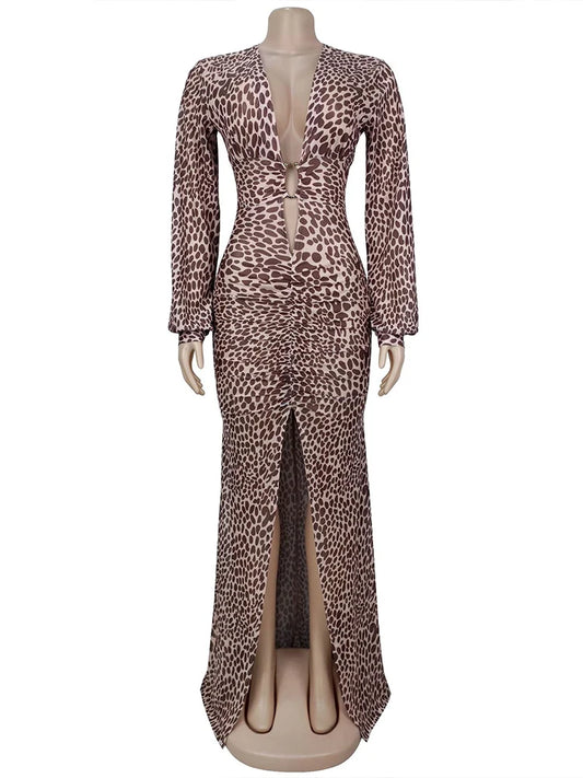 Luxury Leopard Print Cut-Out Maxi Dress – Deep V Long Sleeve Bodycon Gown