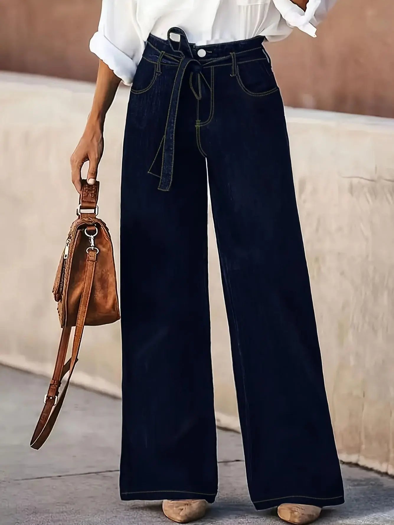 High-Waist Wide-Leg Denim Trousers with Tie Belt – Dark Wash Elegant Jeans