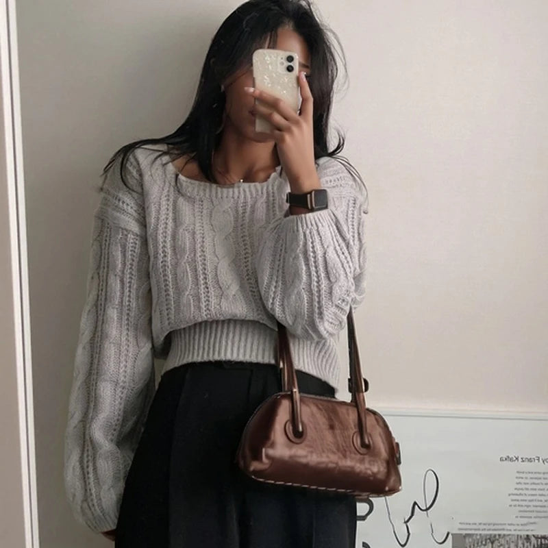 Classy Pullover Square Neck Sweater/Autumn and Winter Loose Casual/Simple Jumper Solid Color Long Sleeved Knitted Sweater.