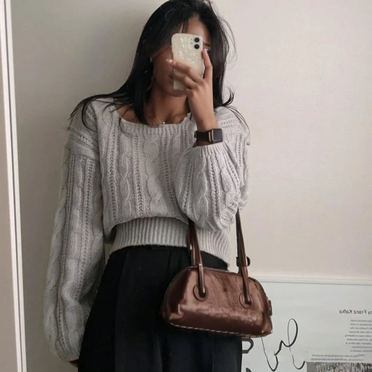 Classy Pullover Square Neck Sweater/Autumn and Winter Loose Casual/Simple Jumper Solid Color Long Sleeved Knitted Sweater.