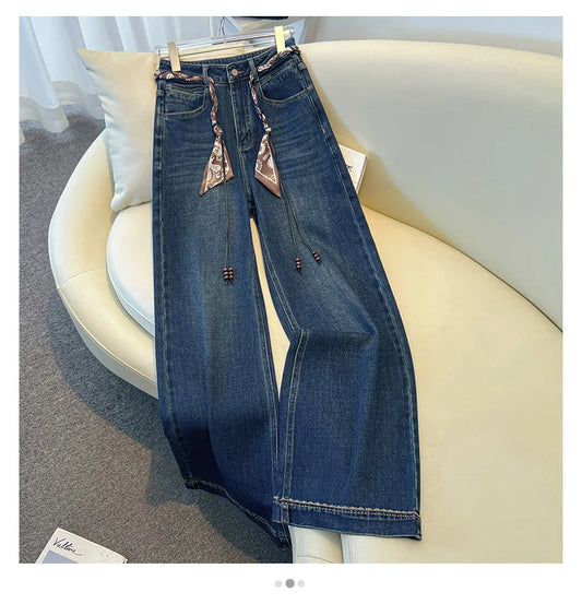 Luxury High-Waist Wide-Leg Denim Jeans with Boho Scarf Tie & Beaded Drawstring | Modern Blend Boutique