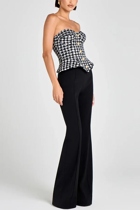 Luxury Tweed Corset Top for Women – Strapless Peplum Bustier with Gold Button Detail | Elegant Timeless Boutique Fashion