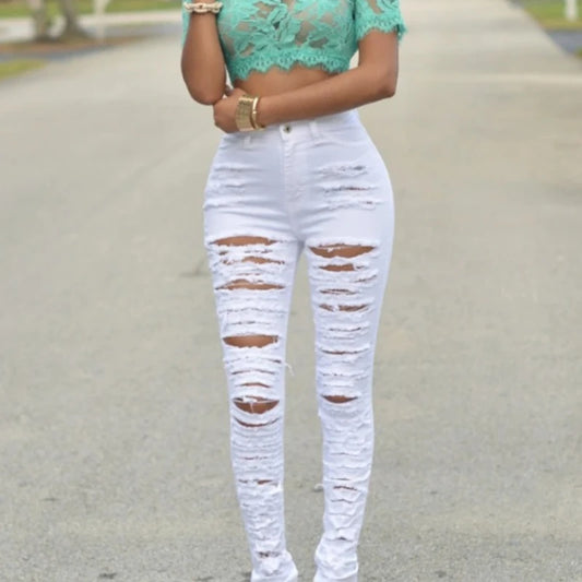 Hollow Out Ripped Denim’s/ High Waist Jeans/Elastic Designed Skinny Jeans/Vintage Stretch Style/Zipper Fly Pencil Pant’s.