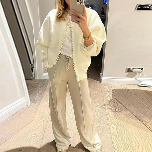 Women's Open Front Pearls/Trim Cardigan Sweater Casual Knitted/Long Sleeve Knit Sweater With Pearls/Elegant White Sweater.