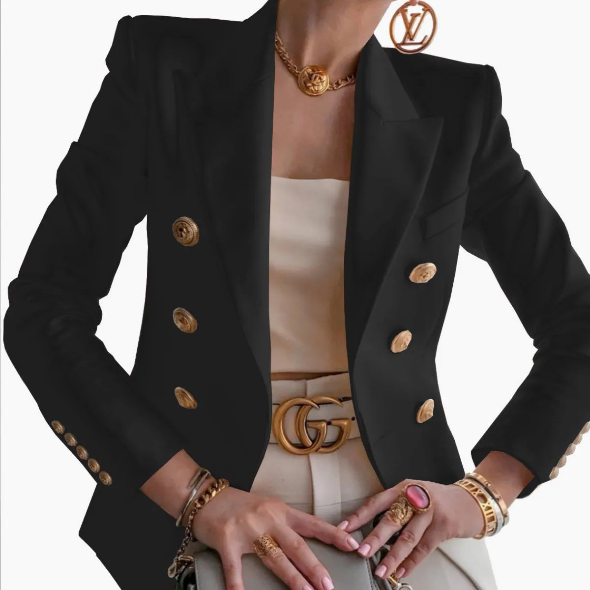 Women’s Luxury Colored Double-Breasted Blazer with Gold Buttons | Tailored Chic Statement Jacket
