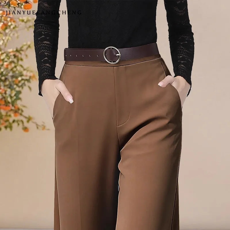 Refined Brown Wide Leg Pant’s For Autumn/High Waist Straight Long Trouser’s Business Formal.