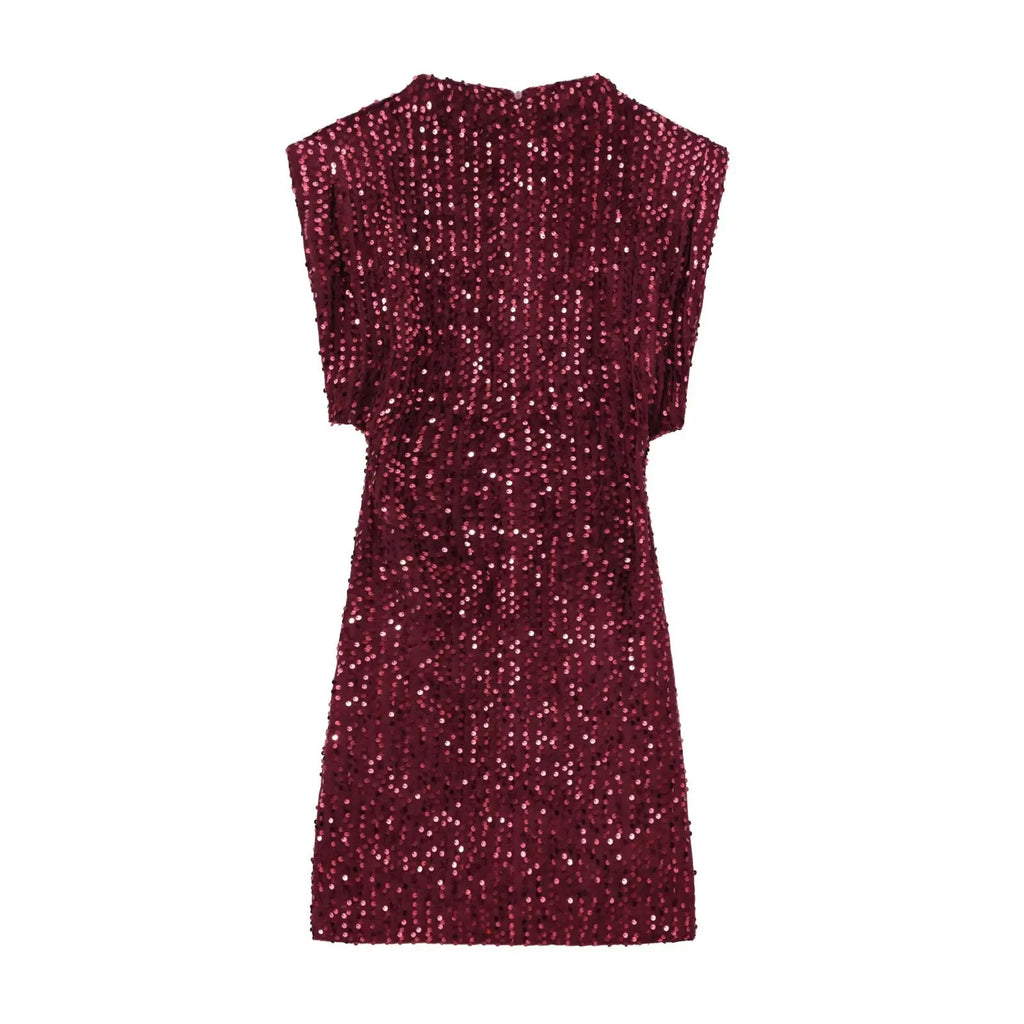 Night Out Sequined Party Dress/Sleeveless Pad Bead Mini Dress/Wide Shoulder Pullover Dress.