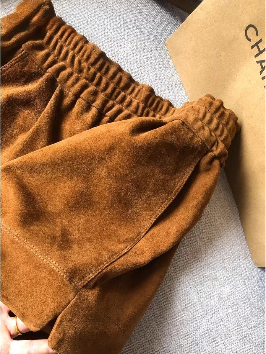 Women’s Brown Faux Suede Shorts – Elastic Waist Soft Leather-Look Fall Boutique Shorts