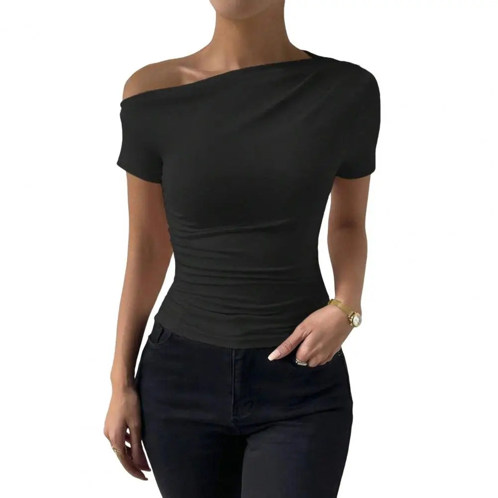 Elegant Women Skew Collar Short Sleeve Blouse/Slim Shirt Solid Color Side Shirring Blouse Shirt Top.