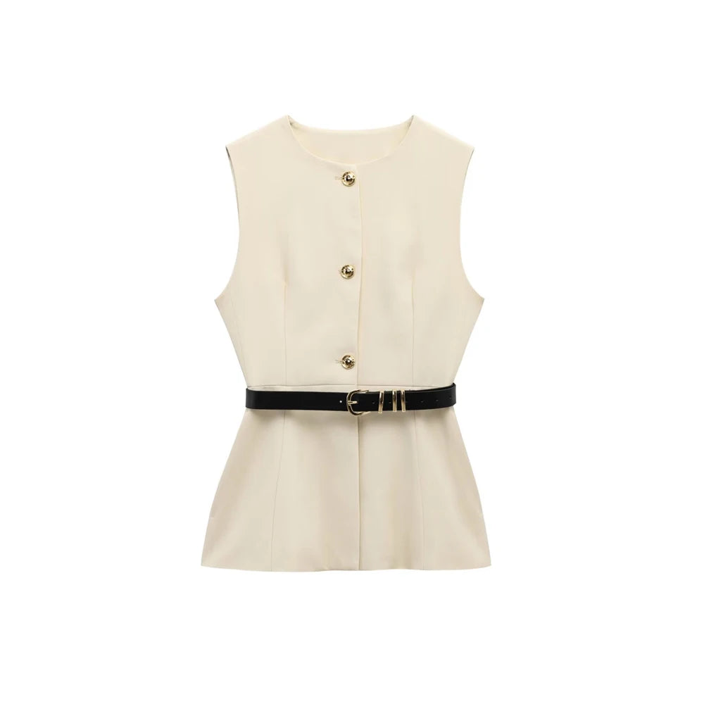 Commense Button Detail/TRZA-Women's Long Waistcoat with Belt, Front Gold Button/Fashion. Women Fashion Vintage Vest/Sleeveless Front Button Female Vest Tops With Belt