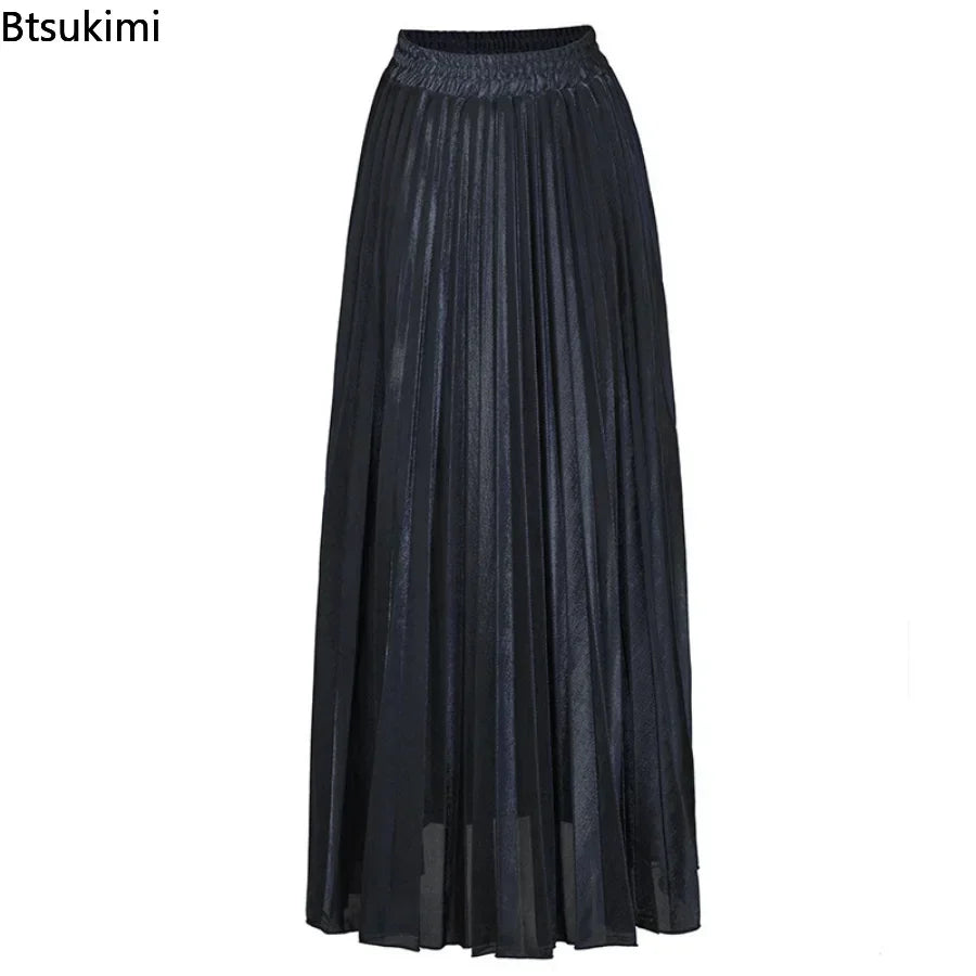 Bright Silk Metal Skirt/Color Pleated Maxi Skirt/Elastic High Rise Swing/Holiday Celebration Event.