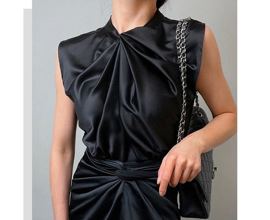 Women’s Satin Twist-Neck Sleeveless Blouse – Elegant Draped Office & Occasion Top