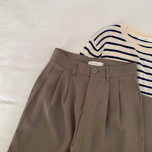 High-Waist Pleated Straight-Leg Trousers for Women | Elegant Tailored Casual Suit Pants | Soft Blush Pink Fashion Pants