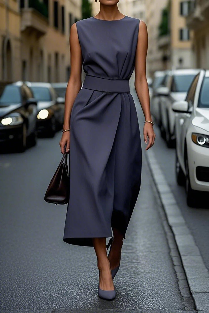 Solid Fashioned Sleeveless Dress/Elegant Round Neck Lace-up/Solid Color Look/Casual Spaghetti Strap Dress.