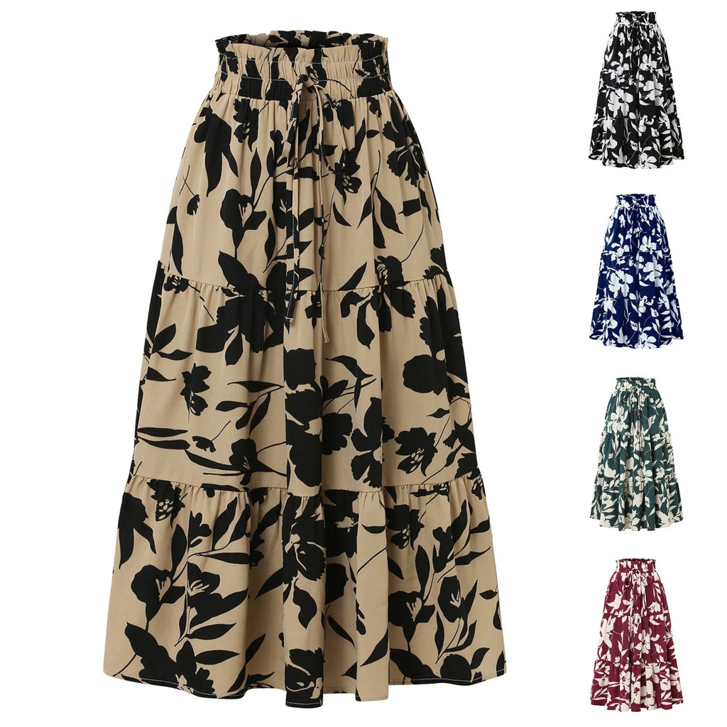 Retro Puff Floral Printed Skirt/With Pocket’s/Casual Elastic High Waist Lace-up Loose Skirts.