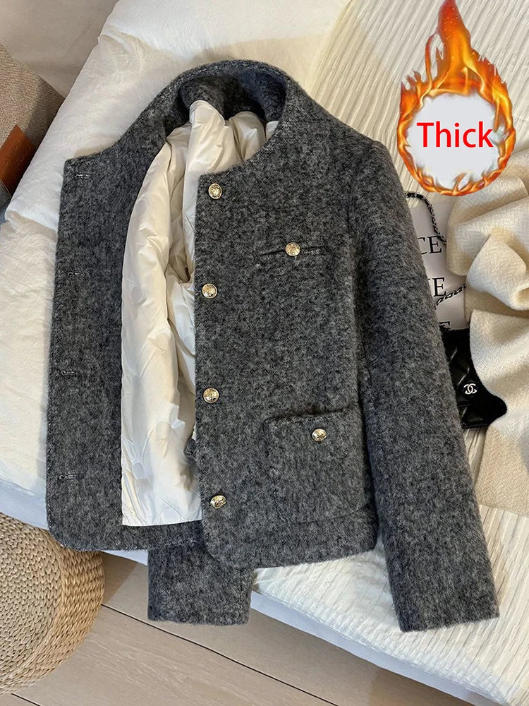 Women’s Thick Wool-Blend Jacket with Gold Buttons – Structured O-Neck Vintage Coat | Autumn Winter 2025