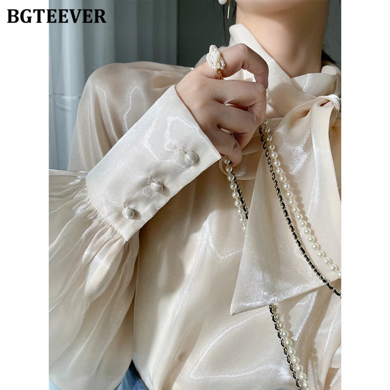 Elegant Ivory Bow Neck Blouse for Women – Long Sleeve Satin-Effect Loose Fit Top