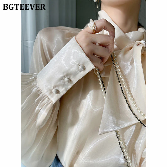 Elegant Ivory Bow Neck Blouse for Women – Long Sleeve Satin-Effect Loose Fit Top