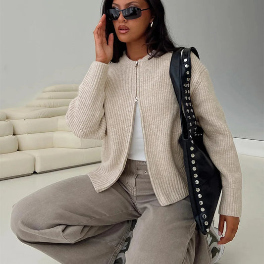 Women’s Zip-Up Knitted Sweater/Cardigan – Mock Neck Long Sleeve Open-Front Winter Jacket/Casual Long Sleeve Open Front Cardigan/Outwear Coat Fashion Streetwear.