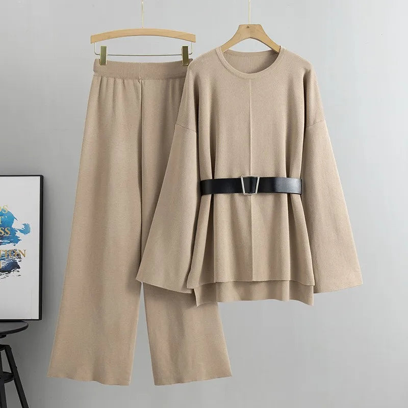 Women’s Elegant Knit Two-Piece Set | Belted Sweater & Wide-Leg Pants | Timeless Minimalist Elegance