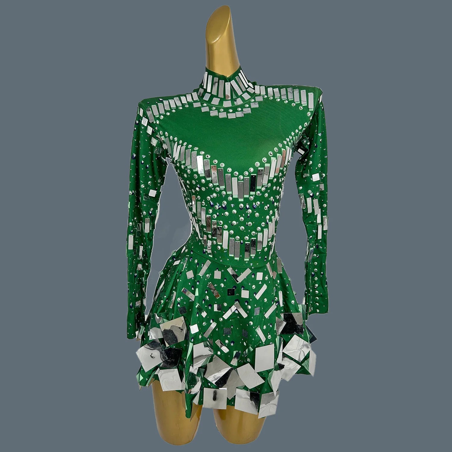 Dazzling Golden Rhinestone Mini Dress/Stage Sequined Maxi Dress/Concert Event Day/Crystal Mirror Silhouette A-LINE Dress.