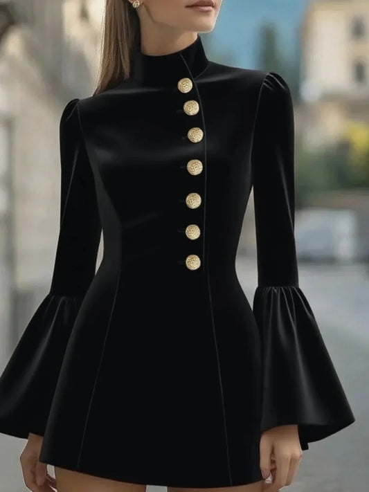 Elegant Slim Mini Dress/Winter Fashion Solid Color Long Puffed Sleeved Body-con/Buttoned Above Knee Pullover.