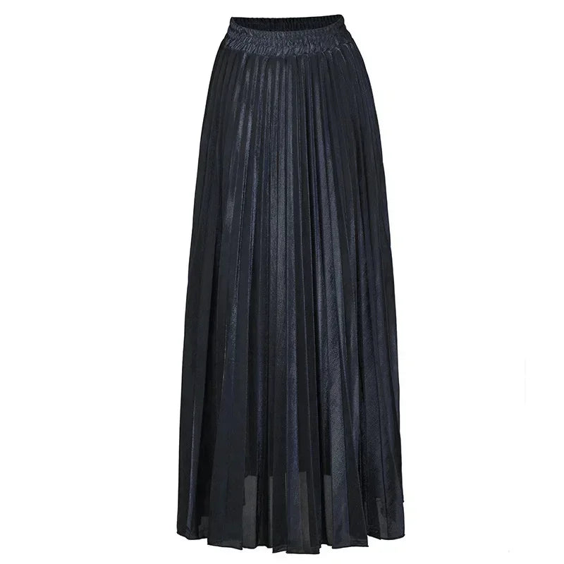 Bright Silk Metal Skirt/Color Pleated Maxi Skirt/Elastic High Rise Swing/Holiday Celebration Event.