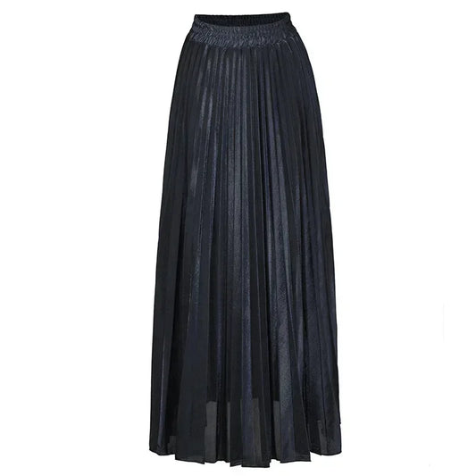 Bright Silk Metal Skirt/Color Pleated Maxi Skirt/Elastic High Rise Swing/Holiday Celebration Event.