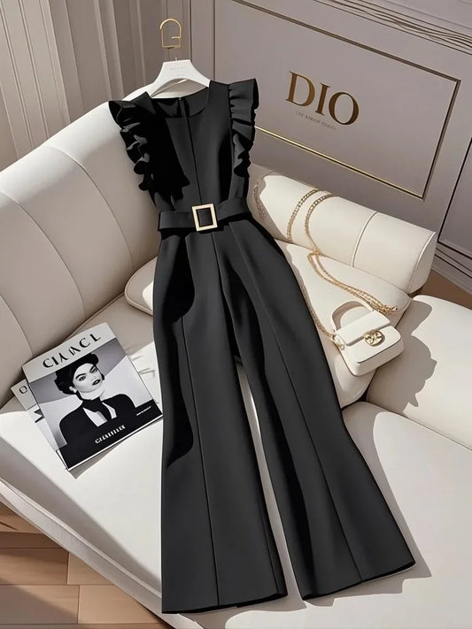 Ruffled Classy Black Jumpsuit/Unique Aura Exquisite Elegant, Slimming Look One-Piece Jumpsuit.