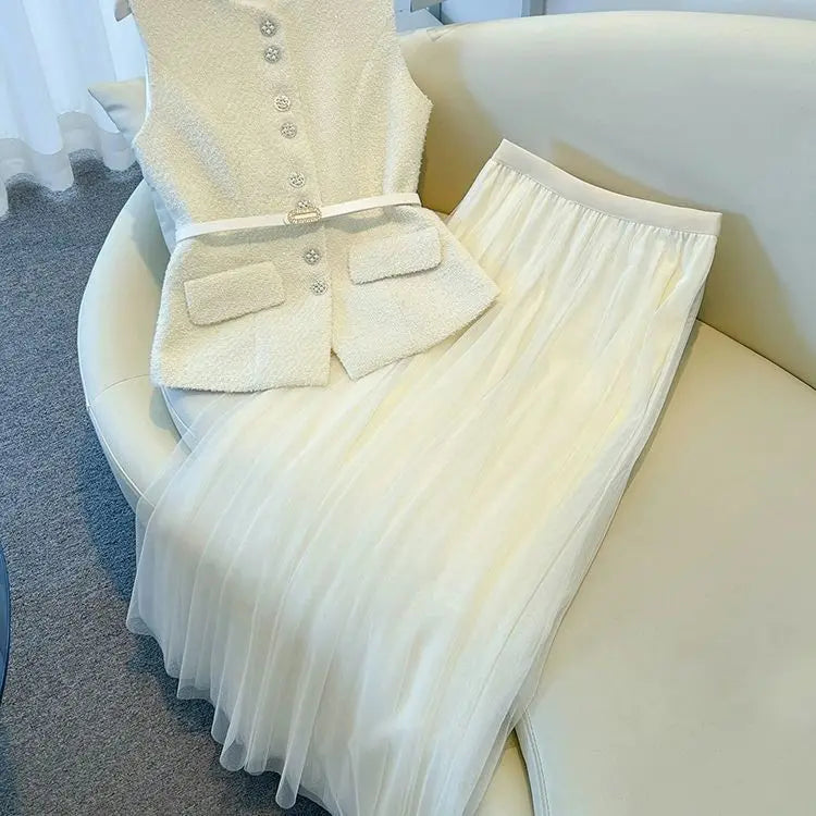 Luxury Cream Bouclé Vest & Tulle Maxi Skirt Set – Elegant Two-Piece Women’s Boutique Outfit
