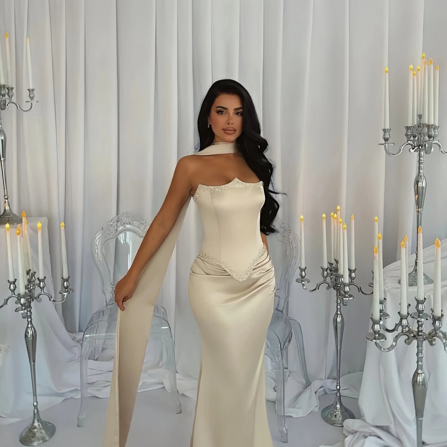 Luxury Strapless Mermaid Evening Gown – Crystal Beaded Floor-Length Formal Dress for Elegant Occasions