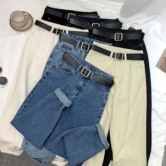 Symmetry Multi Style Pants/Stylish High Waisted Denim/Straight Leg Jeans Female Trousers/Pockets Roll Up Cuffs Casual Trendy Look.