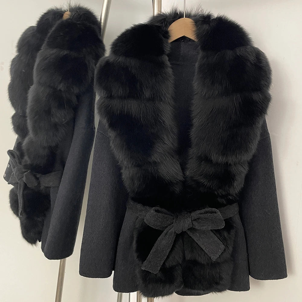 Woolen Blended Winter Coat’s/Female New Fox Fur Coat/Autumn Woolen Coat/Real Fur Collar/Women Warm Clothing.