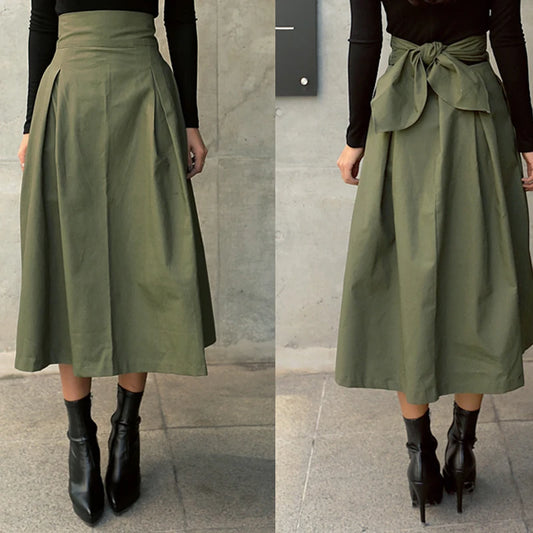 Fashion Patterned A~Line Skirt/Solid Color Swing Pleated Skirt/Long Wild High Waist Bow Slim Midi Skirts.