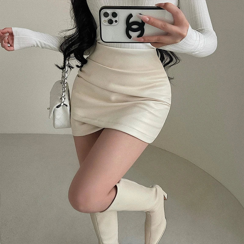 Women’s Faux Leather Ruched Mini Skirt – High Waist Bodycon Hip Wrap Club Skirt