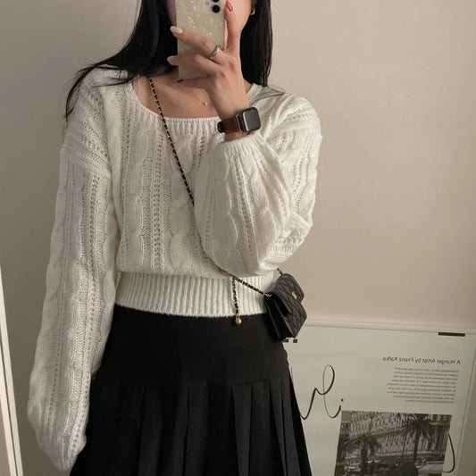 Classy Pullover Square Neck Sweater/Autumn and Winter Loose Casual/Simple Jumper Solid Color Long Sleeved Knitted Sweater.