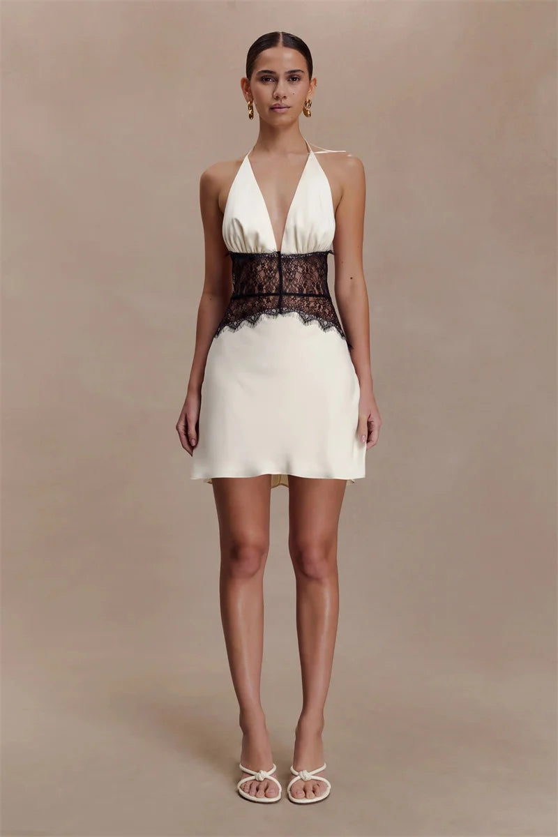 Elegant Lace Patchwork Halter Mini Dress – Luxury Backless Deep V-Neck Sleeveless Party Dress for Women | Timeless Chic Evening Look