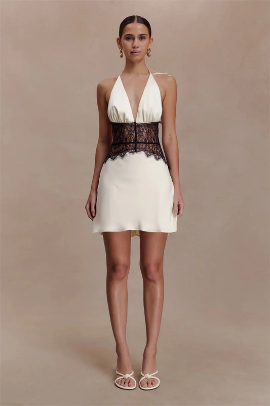 Elegant Lace Patchwork Halter Mini Dress – Luxury Backless Deep V-Neck Sleeveless Party Dress for Women | Timeless Chic Evening Look